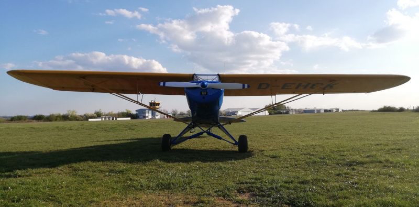 Historisches Motorflugzeug auf der Wiese am Flugplatz